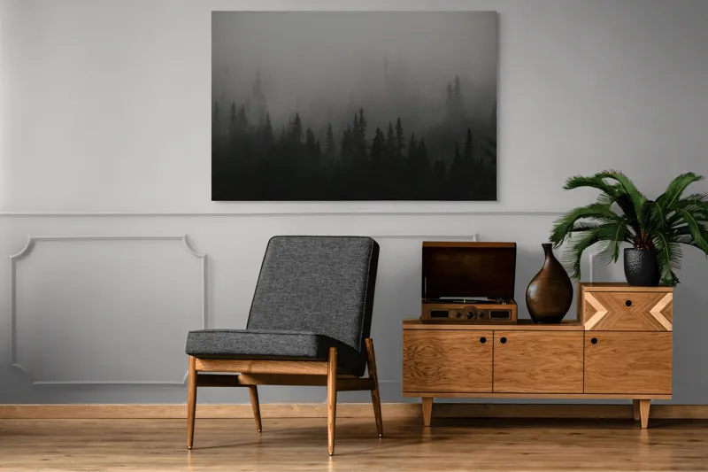 Tablou Canvas, "Ceața misterioasă din pădurea deasă", Ceață, Pădure, Mister, Întunecime, Tăcere, Natură, Enigmă, Umbre, Vârfuri, Melancolie, 150 x 100 cm – poza 8