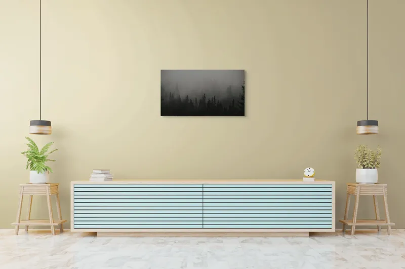 Tablou Canvas, "Ceața misterioasă din pădurea deasă", Ceață, Pădure, Mister, Întunecime, Tăcere, Natură, Enigmă, Umbre, Vârfuri, Melancolie, 90 x 50 cm – poza 5