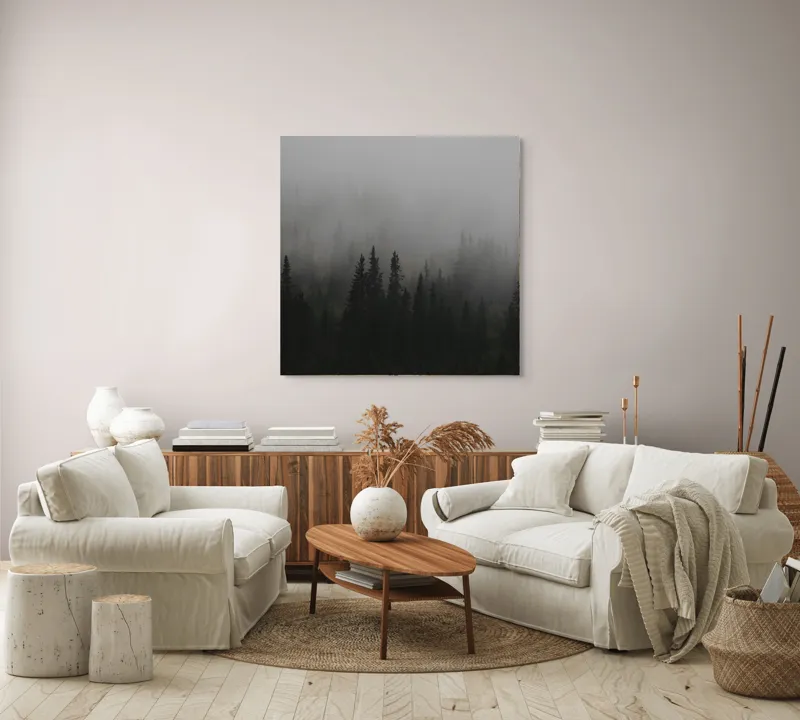 Tablou Canvas, "Ceața deasă acoperă pădurea verde", Ceață, Pădure, Mister, Copaci, Umbre, Calm, Natură, Întunecat, Liniște, Viziune, Munți, 100 x 100 cm – poza 3