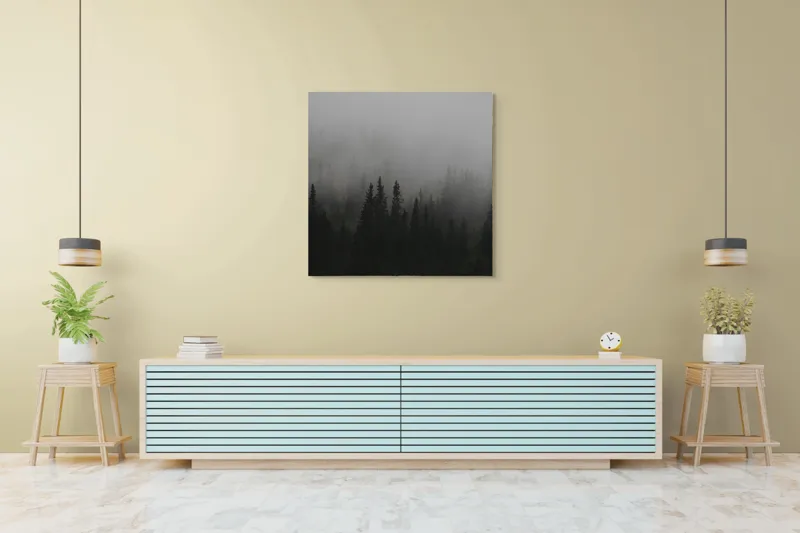 Tablou Canvas, "Ceața deasă acoperă pădurea verde", Ceață, Pădure, Mister, Copaci, Umbre, Calm, Natură, Întunecat, Liniște, Viziune, Munți, 100 x 100 cm – poza 5