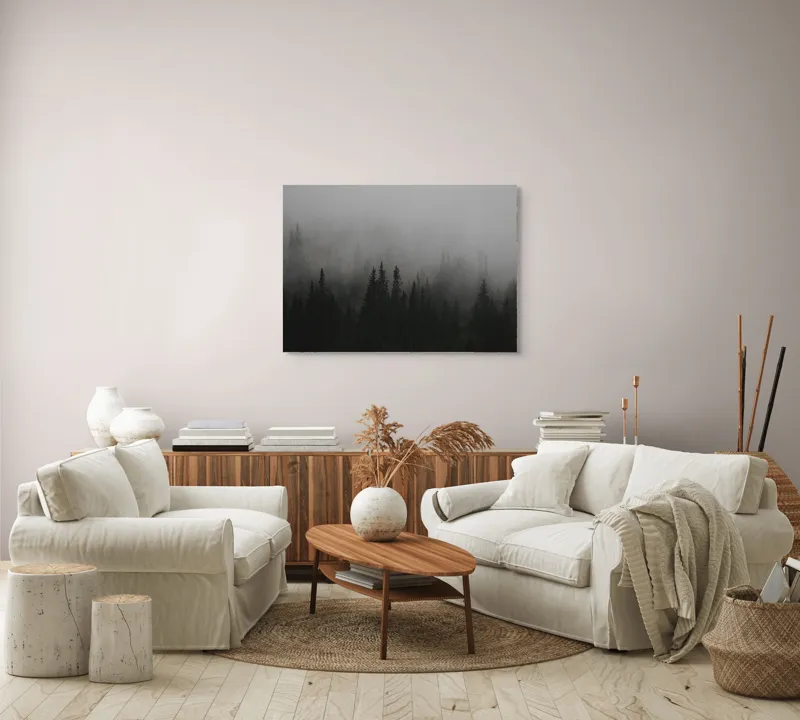 Tablou Canvas, "Ceața deasă acoperă pădurea verde", Ceață, Pădure, Mister, Copaci, Umbre, Calm, Natură, Întunecat, Liniște, Viziune, Munți, 100 x 70 cm – poza 3