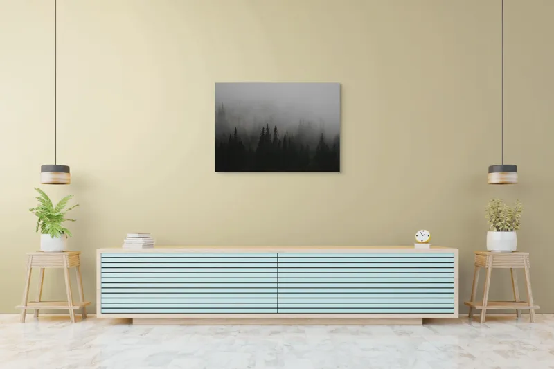 Tablou Canvas, "Ceața deasă acoperă pădurea verde", Ceață, Pădure, Mister, Copaci, Umbre, Calm, Natură, Întunecat, Liniște, Viziune, Munți, 100 x 70 cm – poza 4