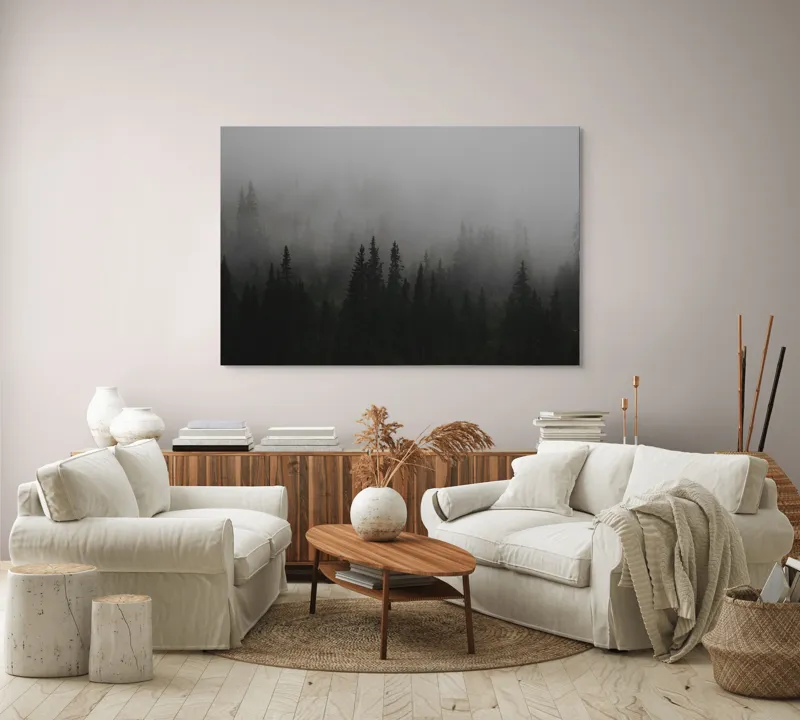 Tablou Canvas, "Ceața deasă acoperă pădurea verde", Ceață, Pădure, Mister, Copaci, Umbre, Calm, Natură, Întunecat, Liniște, Viziune, Munți, 150 x 100 cm – poza 3