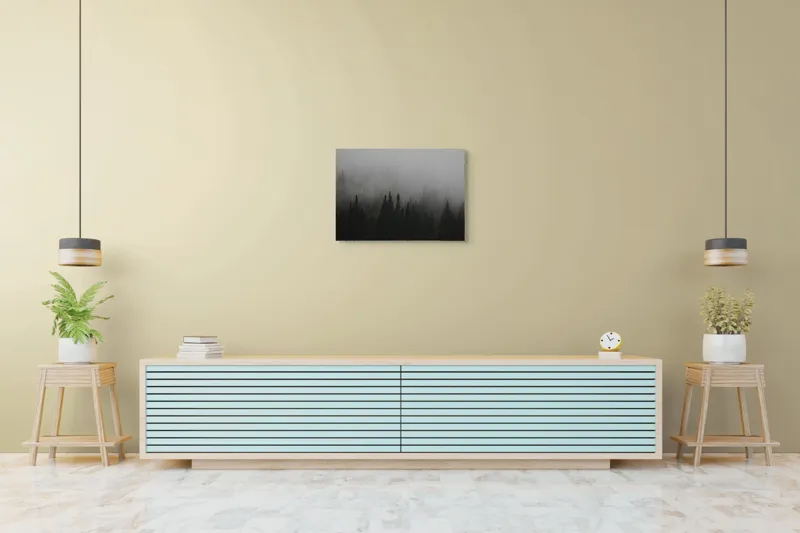Tablou Canvas, "Ceața deasă acoperă pădurea verde", Ceață, Pădure, Mister, Copaci, Umbre, Calm, Natură, Întunecat, Liniște, Viziune, Munți, 70 x 50 cm – poza 7