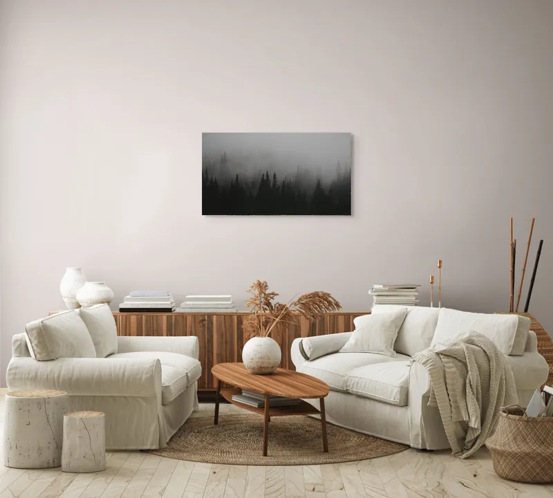 Tablou Canvas, "Ceața deasă acoperă pădurea verde", Ceață, Pădure, Mister, Copaci, Umbre, Calm, Natură, Întunecat, Liniște, Viziune, Munți, 90 x 50 cm – poza 4
