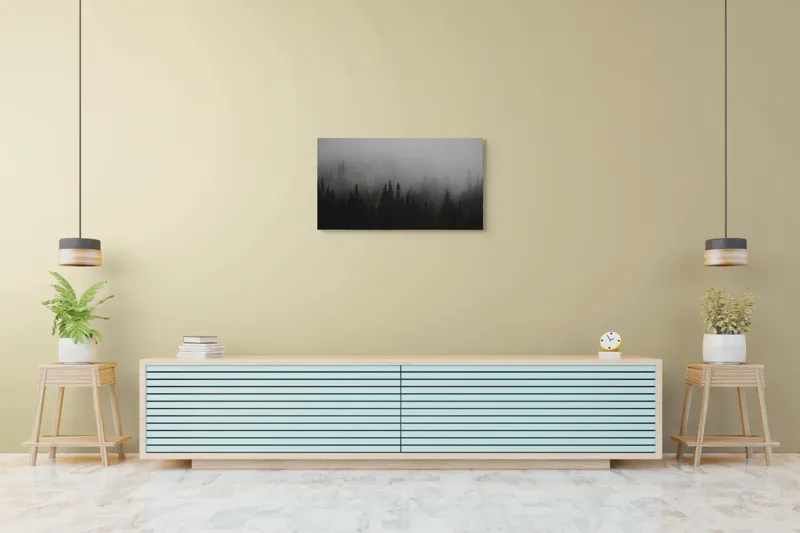 Tablou Canvas, "Ceața deasă acoperă pădurea verde", Ceață, Pădure, Mister, Copaci, Umbre, Calm, Natură, Întunecat, Liniște, Viziune, Munți, 90 x 50 cm – poza 5