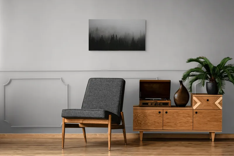 Tablou Canvas, "Ceața deasă acoperă pădurea verde", Ceață, Pădure, Mister, Copaci, Umbre, Calm, Natură, Întunecat, Liniște, Viziune, Munți, 90 x 50 cm – poza 6