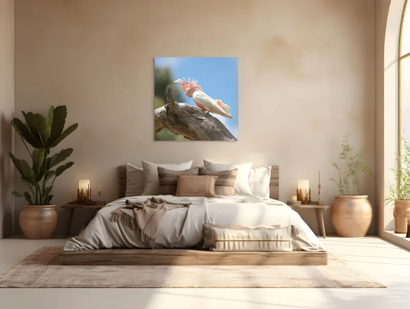 Tablou Canvas, "Cacadu pe creanga sub cer senin", Pene, Creasta, Papagal, Ramură, Cer, Natură, Culoare, 100 x 100 cm – poza 4