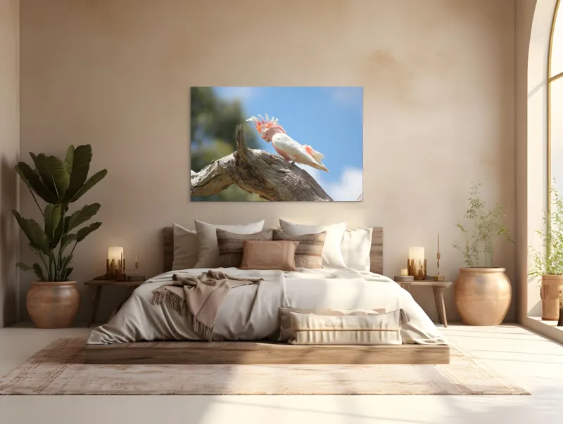 Tablou Canvas, "Cacadu pe creanga sub cer senin", Pene, Creasta, Papagal, Ramură, Cer, Natură, Culoare, 150 x 100 cm – poza 4