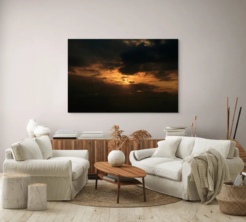 Tablou Canvas, "Soarele ascuns printre nori negri", Nor, Cer, Soare, Lumini, Umbre, Apus, Dramatism, Contrast, Mister, Frumusețe, 150 x 100 cm – poza 3