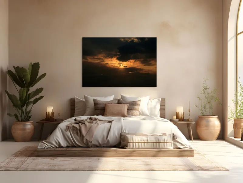 Tablou Canvas, "Soarele ascuns printre nori negri", Nor, Cer, Soare, Lumini, Umbre, Apus, Dramatism, Contrast, Mister, Frumusețe, 150 x 100 cm – poza 4