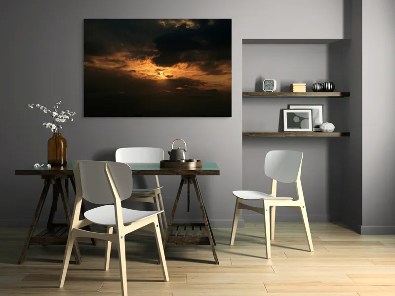 Tablou Canvas, "Soarele ascuns printre nori negri", Nor, Cer, Soare, Lumini, Umbre, Apus, Dramatism, Contrast, Mister, Frumusețe, 150 x 100 cm – poza 5