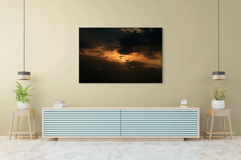 Tablou Canvas, "Soarele ascuns printre nori negri", Nor, Cer, Soare, Lumini, Umbre, Apus, Dramatism, Contrast, Mister, Frumusețe, 150 x 100 cm – poza 6