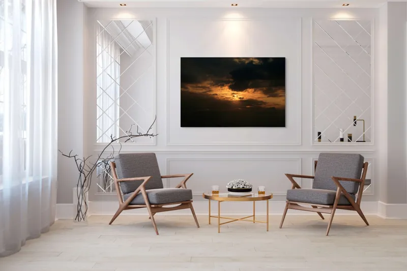 Tablou Canvas, "Soarele ascuns printre nori negri", Nor, Cer, Soare, Lumini, Umbre, Apus, Dramatism, Contrast, Mister, Frumusețe, 150 x 100 cm – poza 7