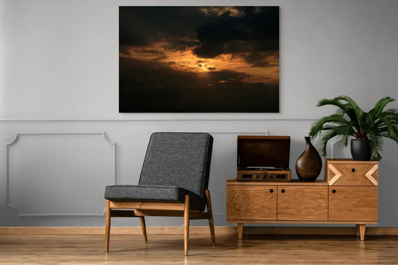 Tablou Canvas, "Soarele ascuns printre nori negri", Nor, Cer, Soare, Lumini, Umbre, Apus, Dramatism, Contrast, Mister, Frumusețe, 150 x 100 cm – poza 8