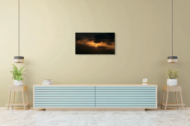 Tablou Canvas, "Soarele ascuns printre nori negri", Nor, Cer, Soare, Lumini, Umbre, Apus, Dramatism, Contrast, Mister, Frumusețe, 90 x 50 cm – poza 5