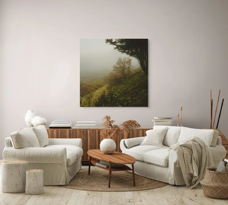 Tablou Canvas, "Misterul pădurii în ceață misterioasă", Ceață, Copaci, Deal, Vegetație, Liniște, Mister, Natură, Frunziș, Umbre, Peisaj, 100 x 100 cm – poza 3