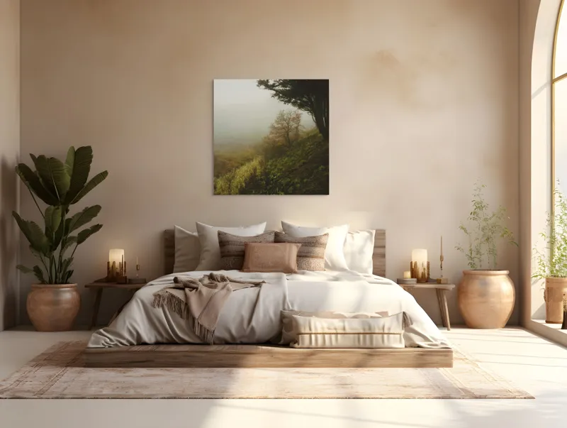 Tablou Canvas, "Misterul pădurii în ceață misterioasă", Ceață, Copaci, Deal, Vegetație, Liniște, Mister, Natură, Frunziș, Umbre, Peisaj, 100 x 100 cm – poza 4