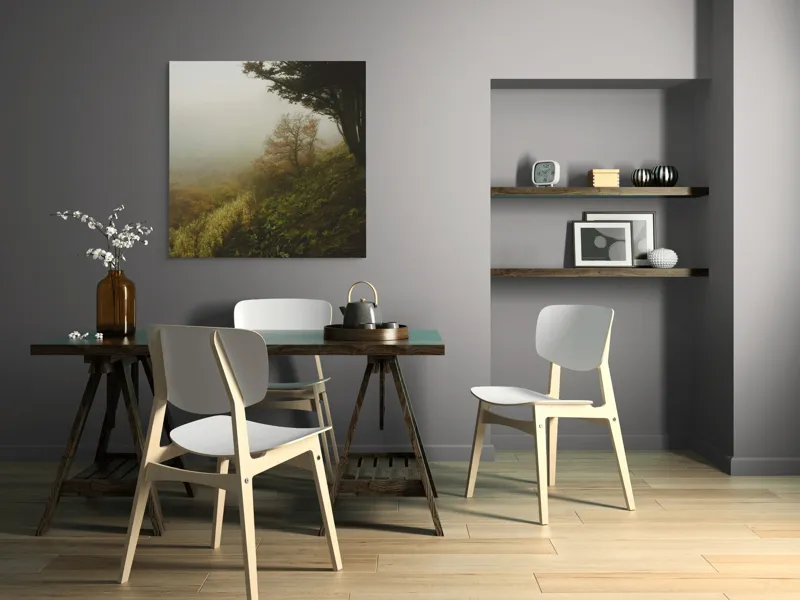 Tablou Canvas, "Misterul pădurii în ceață misterioasă", Ceață, Copaci, Deal, Vegetație, Liniște, Mister, Natură, Frunziș, Umbre, Peisaj, 100 x 100 cm – poza 6