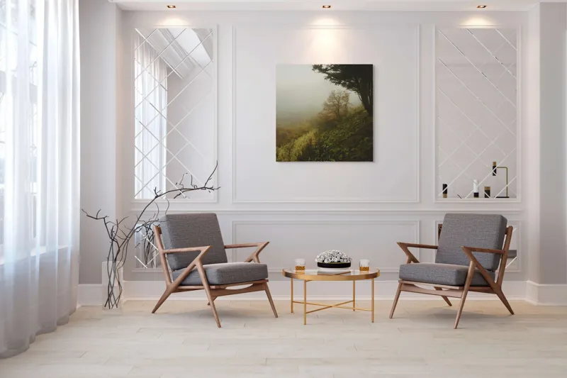 Tablou Canvas, "Misterul pădurii în ceață misterioasă", Ceață, Copaci, Deal, Vegetație, Liniște, Mister, Natură, Frunziș, Umbre, Peisaj, 100 x 100 cm – poza 7