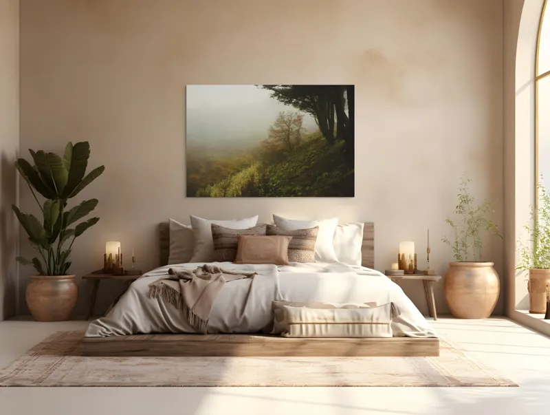 Tablou Canvas, "Misterul pădurii în ceață misterioasă", Ceață, Copaci, Deal, Vegetație, Liniște, Mister, Natură, Frunziș, Umbre, Peisaj, 150 x 100 cm – poza 4