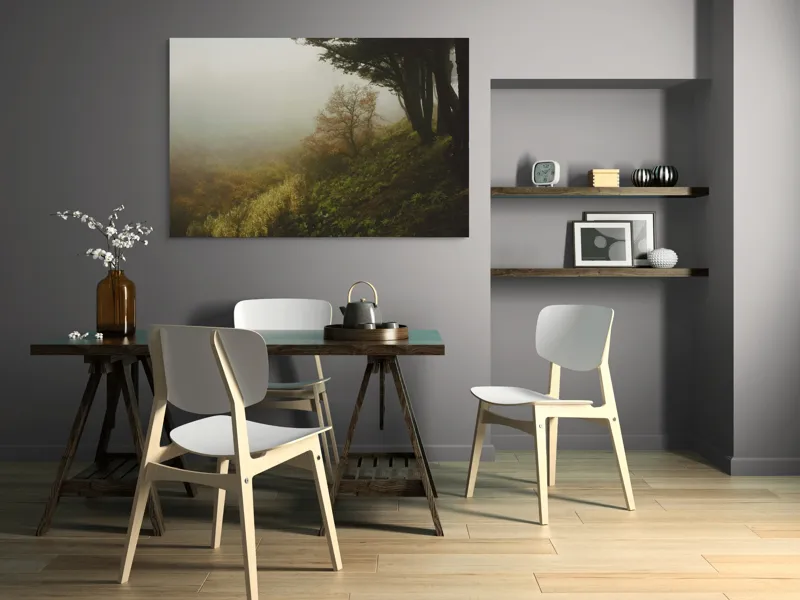 Tablou Canvas, "Misterul pădurii în ceață misterioasă", Ceață, Copaci, Deal, Vegetație, Liniște, Mister, Natură, Frunziș, Umbre, Peisaj, 150 x 100 cm – poza 5