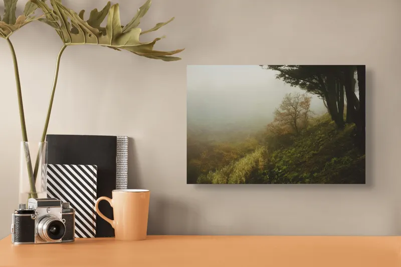 Tablou Canvas, "Misterul pădurii în ceață misterioasă", Ceață, Copaci, Deal, Vegetație, Liniște, Mister, Natură, Frunziș, Umbre, Peisaj, 39 x 26 cm – poza 3