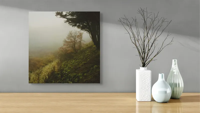 Tablou Canvas, "Misterul pădurii în ceață misterioasă", Ceață, Copaci, Deal, Vegetație, Liniște, Mister, Natură, Frunziș, Umbre, Peisaj, 50 x 50 cm – poza 3