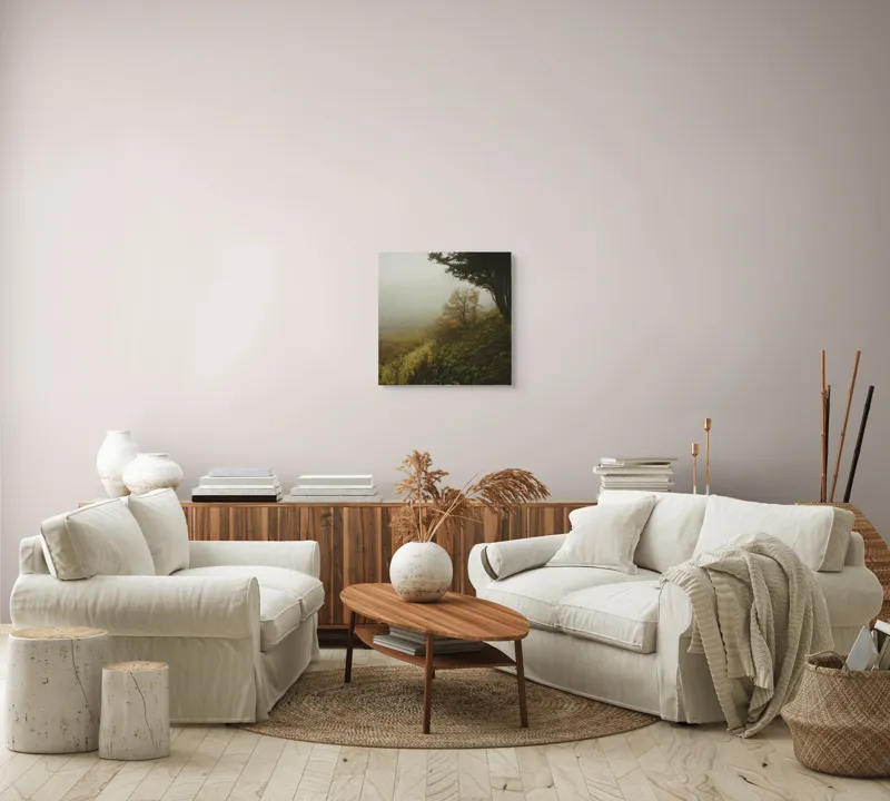 Tablou Canvas, "Misterul pădurii în ceață misterioasă", Ceață, Copaci, Deal, Vegetație, Liniște, Mister, Natură, Frunziș, Umbre, Peisaj, 50 x 50 cm – poza 7