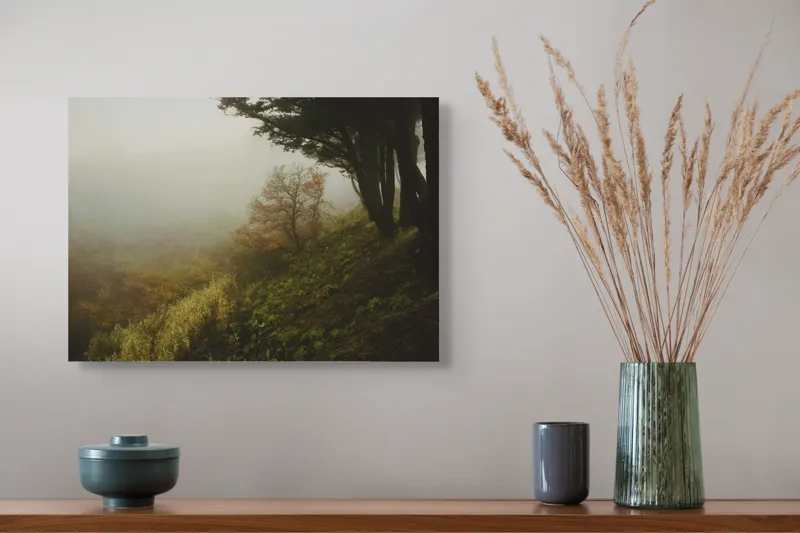 Tablou Canvas, "Misterul pădurii în ceață misterioasă", Ceață, Copaci, Deal, Vegetație, Liniște, Mister, Natură, Frunziș, Umbre, Peisaj, 54 x 39 cm – poza 4