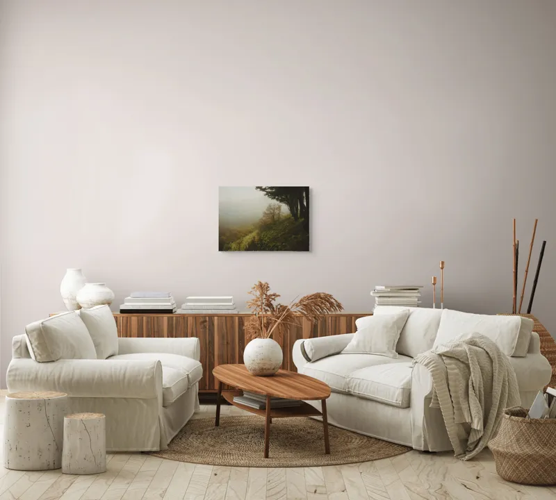 Tablou Canvas, "Misterul pădurii în ceață misterioasă", Ceață, Copaci, Deal, Vegetație, Liniște, Mister, Natură, Frunziș, Umbre, Peisaj, 54 x 39 cm – poza 5