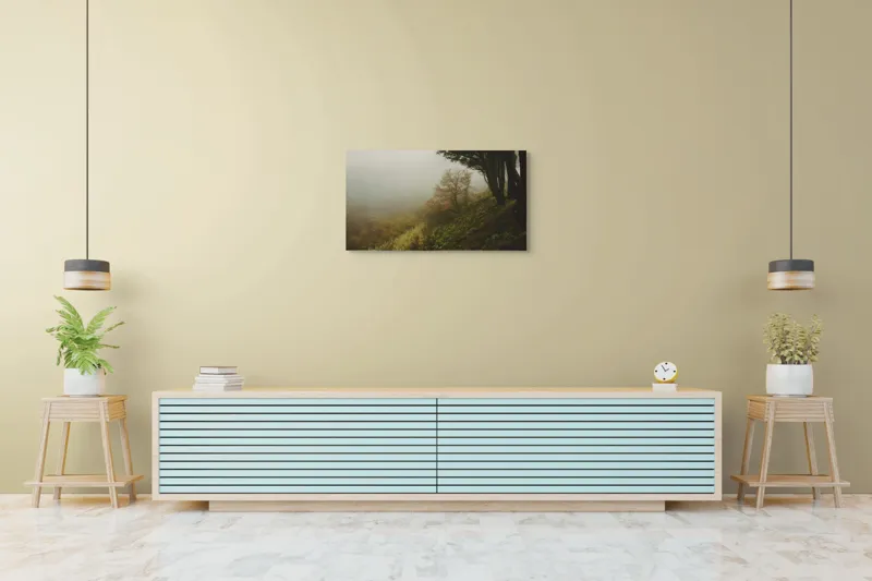 Tablou Canvas, "Misterul pădurii în ceață misterioasă", Ceață, Copaci, Deal, Vegetație, Liniște, Mister, Natură, Frunziș, Umbre, Peisaj, 90 x 50 cm – poza 5