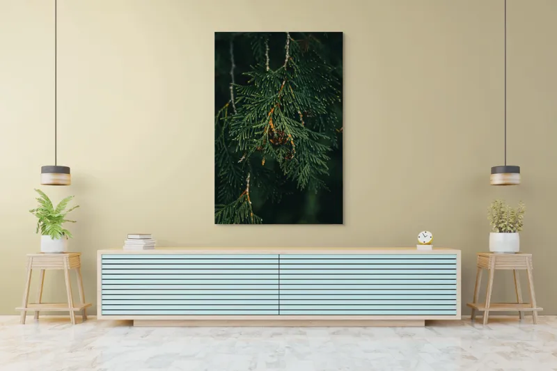 Tablou Canvas, "Ramuri de conifer în întuneric misterios", Veveriță, Ramuri, Verde, Frunziș, Textură, Natură, Detalii, Întunecat, Frunze, Pădure, Organic, Tonuri, 100 x 150 cm – poza 4