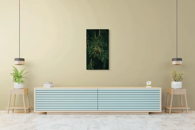 Tablou Canvas, "Ramuri de conifer în întuneric misterios", Veveriță, Ramuri, Verde, Frunziș, Textură, Natură, Detalii, Întunecat, Frunze, Pădure, Organic, Tonuri, 50 x 90 cm – poza 6