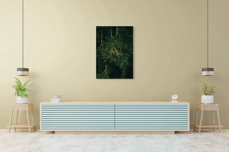 Tablou Canvas, "Ramuri de conifer în întuneric misterios", Veveriță, Ramuri, Verde, Frunziș, Textură, Natură, Detalii, Întunecat, Frunze, Pădure, Organic, Tonuri, 70 x 100 cm – poza 5