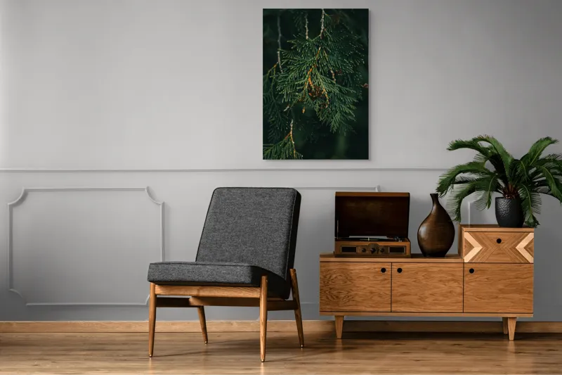 Tablou Canvas, "Ramuri de conifer în întuneric misterios", Veveriță, Ramuri, Verde, Frunziș, Textură, Natură, Detalii, Întunecat, Frunze, Pădure, Organic, Tonuri, 70 x 100 cm – poza 6