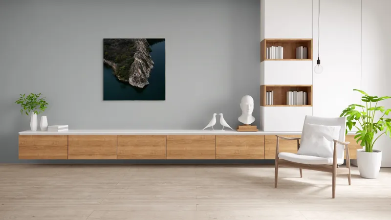 Tablou Canvas, "Peninsula stâncoasă în amurg liniștit", Peisaj, Stâncă, Apă, Vegetație, Natură, Sălbatică, Contrast, Texturi, Liniște, Reflexie, 100 x 100 cm – poza 8