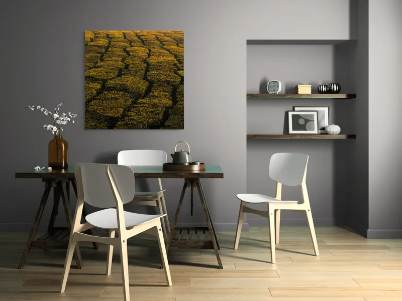Tablou Canvas, "Câmp galben al dimineții liniștite", Câmp, Verde, Rânduri, Textură, Apus, Natură, Lumină, Simetrie, Vegetație, Culturi, 100 x 100 cm – poza 6