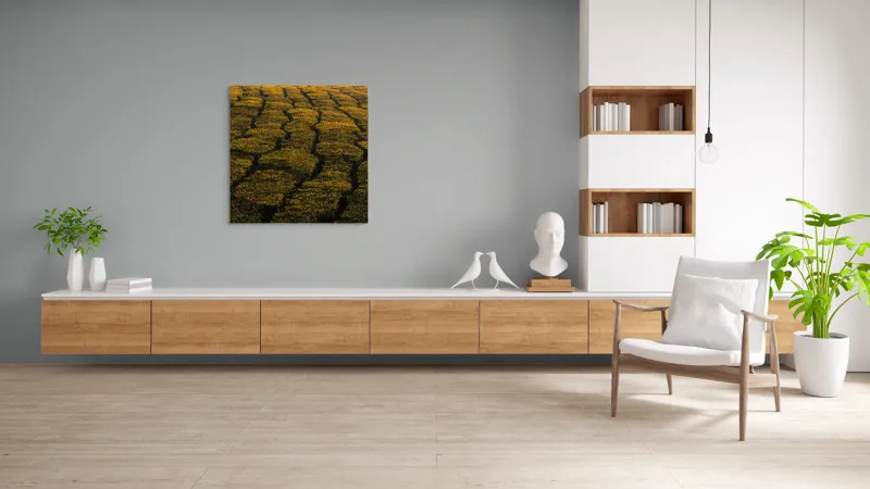 Tablou Canvas, "Câmp galben al dimineții liniștite", Câmp, Verde, Rânduri, Textură, Apus, Natură, Lumină, Simetrie, Vegetație, Culturi, 100 x 100 cm – poza 8