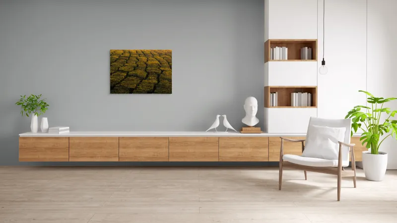 Tablou Canvas, "Câmp galben al dimineții liniștite", Câmp, Verde, Rânduri, Textură, Apus, Natură, Lumină, Simetrie, Vegetație, Culturi, 100 x 70 cm – poza 6