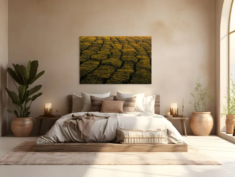 Tablou Canvas, "Câmp galben al dimineții liniștite", Câmp, Verde, Rânduri, Textură, Apus, Natură, Lumină, Simetrie, Vegetație, Culturi, 150 x 100 cm – poza 4