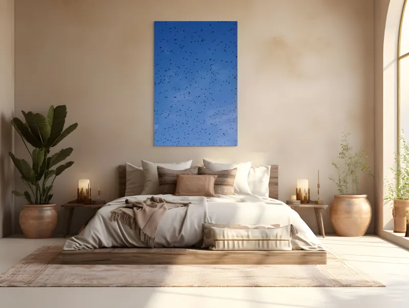 Tablou Canvas, "Dansul graurilor pe cerul albastru", Păsări, Zbor, Cer, Albastru, Mulțime, Vedere, Întindere, 100 x 150 cm – poza 3