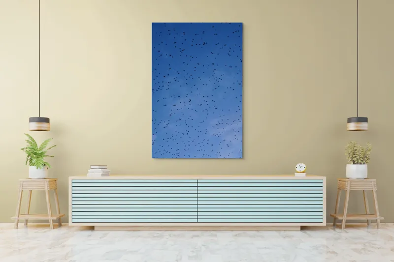 Tablou Canvas, "Dansul graurilor pe cerul albastru", Păsări, Zbor, Cer, Albastru, Mulțime, Vedere, Întindere, 100 x 150 cm – poza 4