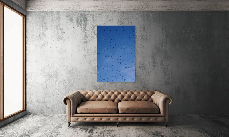 Tablou Canvas, "Dansul graurilor pe cerul albastru", Păsări, Zbor, Cer, Albastru, Mulțime, Vedere, Întindere, 100 x 150 cm – poza 6