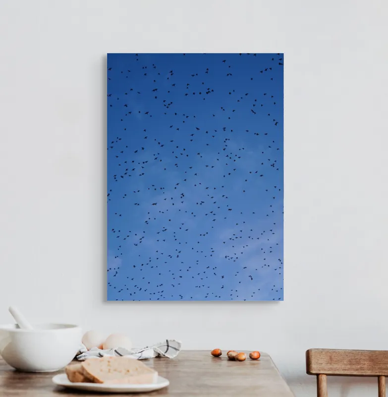 Tablou Canvas, "Dansul graurilor pe cerul albastru", Păsări, Zbor, Cer, Albastru, Mulțime, Vedere, Întindere, 50 x 70 cm – poza 3