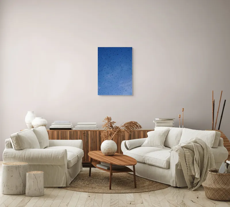 Tablou Canvas, "Dansul graurilor pe cerul albastru", Păsări, Zbor, Cer, Albastru, Mulțime, Vedere, Întindere, 50 x 70 cm – poza 4