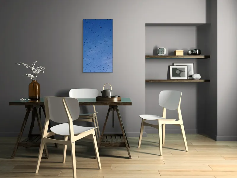 Tablou Canvas, "Dansul graurilor pe cerul albastru", Păsări, Zbor, Cer, Albastru, Mulțime, Vedere, Întindere, 50 x 90 cm – poza 4