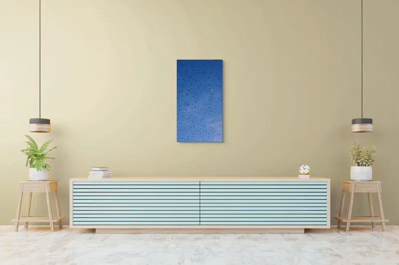 Tablou Canvas, "Dansul graurilor pe cerul albastru", Păsări, Zbor, Cer, Albastru, Mulțime, Vedere, Întindere, 50 x 90 cm – poza 6