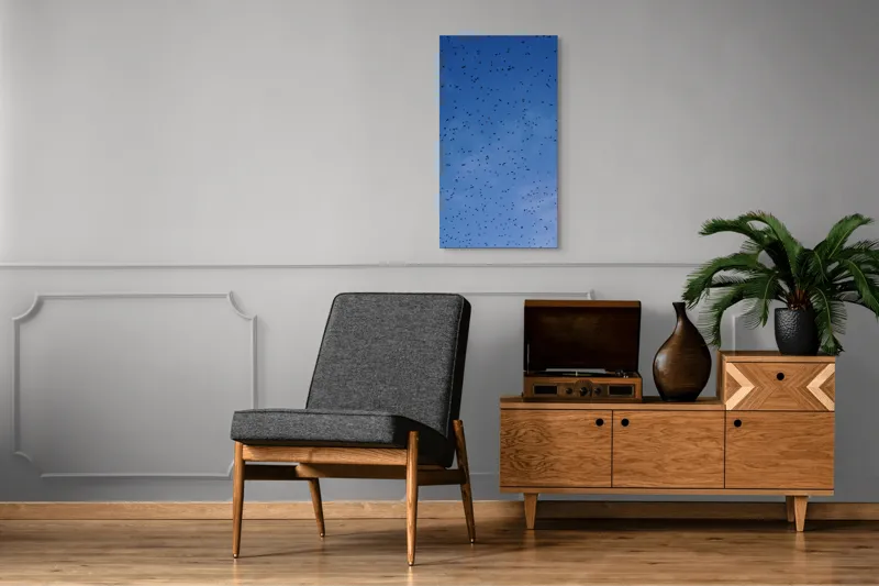 Tablou Canvas, "Dansul graurilor pe cerul albastru", Păsări, Zbor, Cer, Albastru, Mulțime, Vedere, Întindere, 50 x 90 cm – poza 8