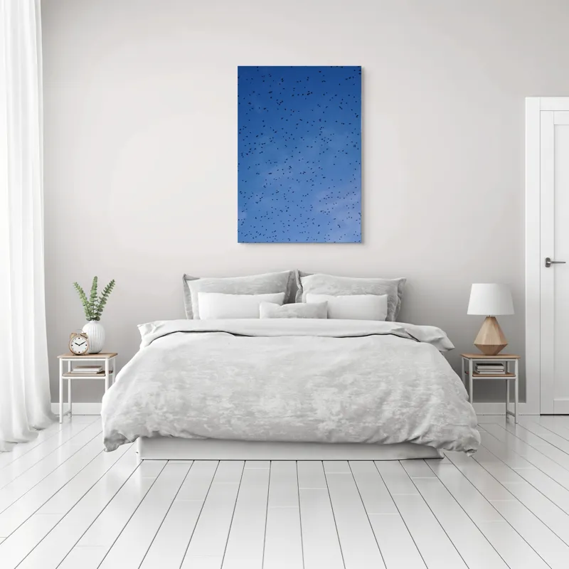 Tablou Canvas, "Dansul graurilor pe cerul albastru", Păsări, Zbor, Cer, Albastru, Mulțime, Vedere, Întindere, 70 x 100 cm – poza 3